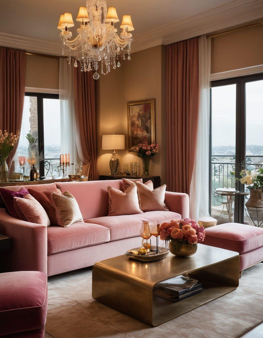 A charming, cozy studio with soft lighting and romantic decor on one side, smoothly transitioning to an opulent luxury home with elegant furnishings and breathtaking views on the other. Include a bottle of wine and two glasses on a small table to emphasize romance, with warm, inviting colors creating a harmonious blend. Add soft textures like plush cushions and delicate curtains for a cozy feel. super-realistic. vibrant colors.