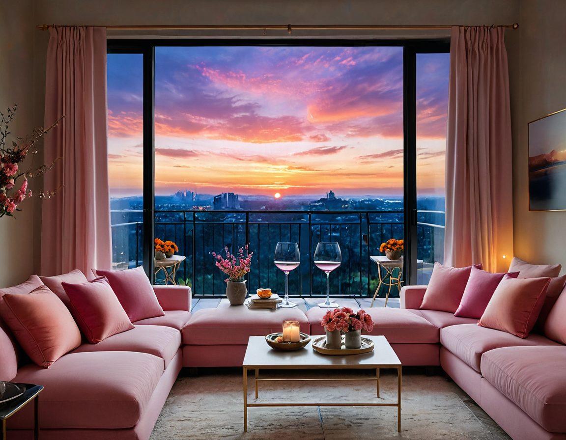 A dreamy apartment interior featuring a cozy living room with a plush sofa, soft ambient lighting, and a romantic balcony with flowers overlooking a sunset. Add touches like wine glasses on a table and warm colors to evoke a sense of love and intimacy. super-realistic. vibrant colors. soft focus.