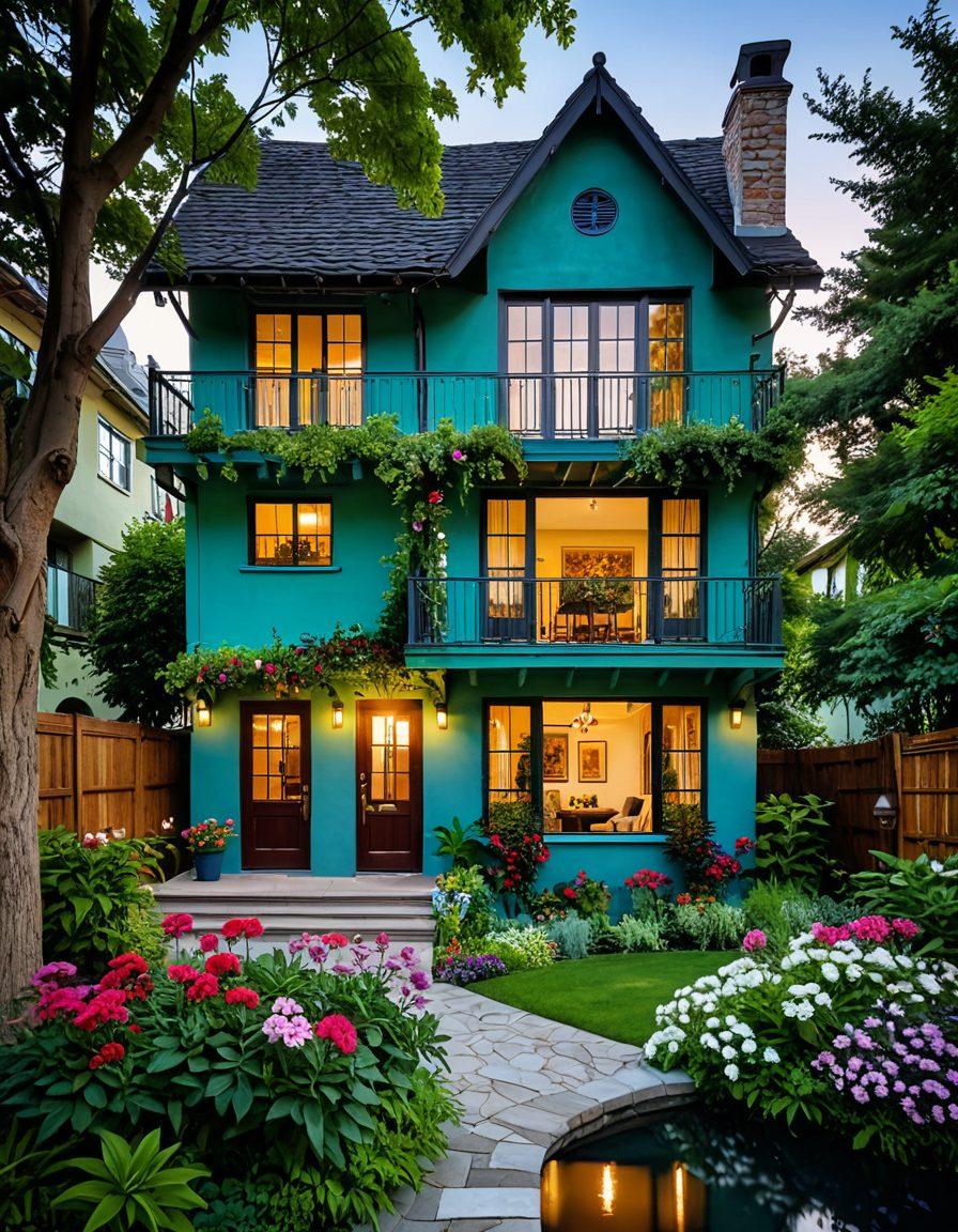 A cozy and charming love nest with a warm exterior, surrounded by beautiful greenery and vibrant flowers, incorporating diverse architectural styles reflecting various lifestyles. A couple happily exploring the space, indicating joy and connection, while listings of real estate options float around them in a whimsical manner. Soft, inviting colors enhance the warmth and appeal of the scene. super-realistic. vibrant colors. serene background.